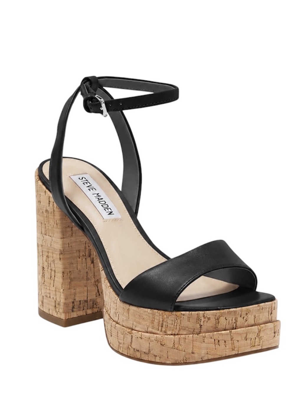 Steve Madden Warped Black Leather Cork Platform Sandals 8.5M $125 Retail